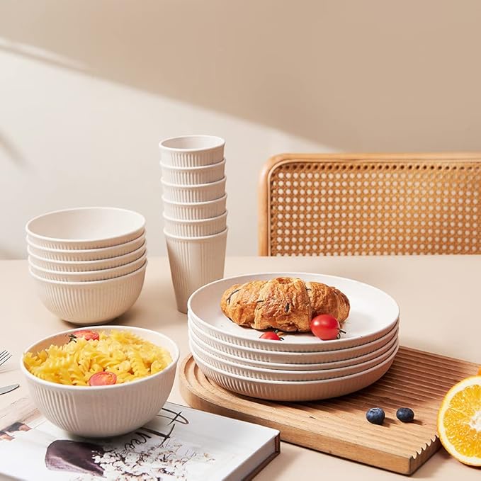 18pcs Wheat Straw Dinnerware Sets HXYPN Unbreakable Reusable Dinnerware Set | Kitchen Cups Plates and Bowls Sets Dishwasher Microwave Safe Plates