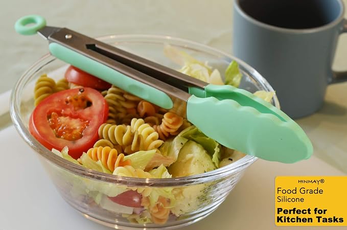 HINMAY 9" Kitchen Cooking Tongs with Silicone Tips, Set of 3 (Mint)