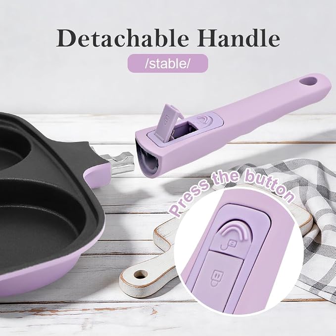 RANX INGST 4-Cup Egg Pan Nonstick with Lid 10 Inch Large Pancake Pan,Purple | Detachable Handle, Omelette Skillet Induction Compatible for Breakfast