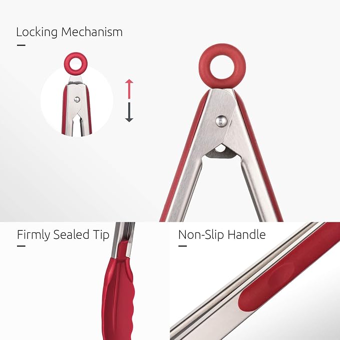 U-Taste Kitchen Tongs for Cooking, 600ºF Heat-Resistant Silicone, 3Pcs/Red | Tong Utensils Set 7/9/12in, Salad/Grill/BBQ Plastic Tongs for Food Serving, Rubber Thong with 18/8 Stainless Steel Handle