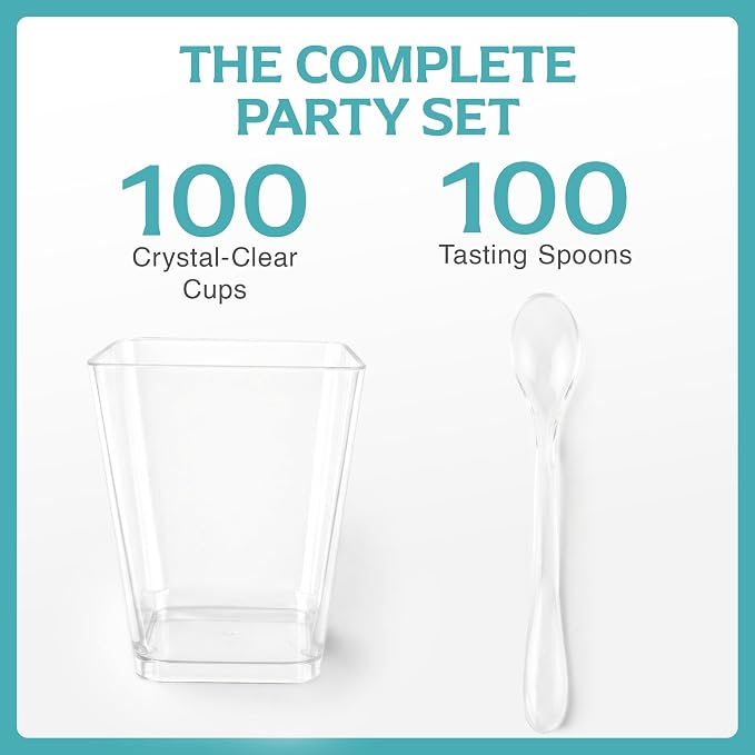 100 Pack 5 oz Plastic Dessert Cups with Spoons, Banana Pudding | 200 pcs serves 100; disposable clear shooters for party, individual yogurt parfait, jello, fruit trifle, mousse, cake
