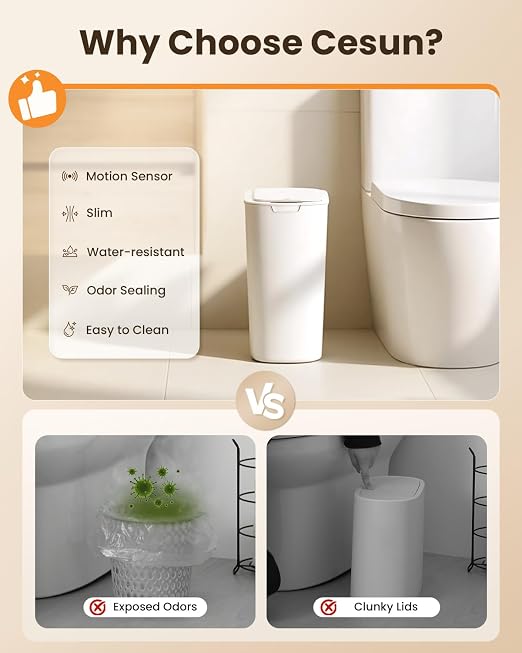 Cesun 5 Gallon Automatic Bathroom Trash Can with Lid, White, Touchless | Motion Sensor, Slim, Small Smart Garbage Bin, Plastic, Battery Operated, Manual Button, for Office/RV/Bedroom/Living Room