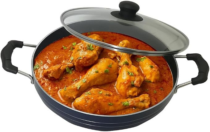 Deep Kadhai Induction Base Non-Stick Kadai with Glass Lid Non Stick Frying Pan Wok Flat Bottom Non Stick All Purpose Pan Non-Stick Aluminium Kadhai Deep Fry Pan (240mm) 2.2Ltr
