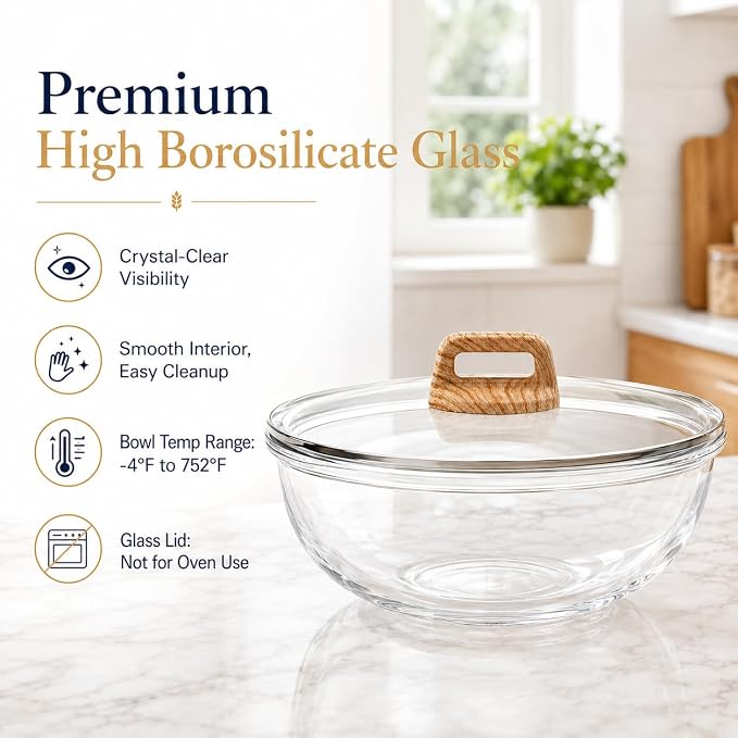 Large Glass Bowl for Sourdough Bread Making 6 QT Glass Mixing Bowl with Lid and Walnut Wood-Look Solid Bakelite Handle Clear Sourdough Bread Proofing Bowl with Cover Ideal for Baking