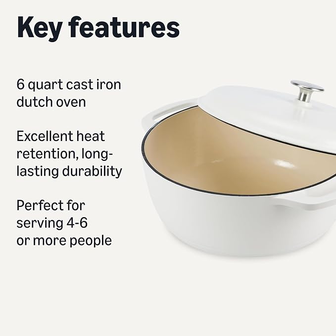 Amazon Basics Enameled Cast Iron Dutch Oven Pot with Lid, Round, Dual Handles, Heavy-Duty, Oven Safe for Stews, Roasting, Baking, 6-Quart, Matte White