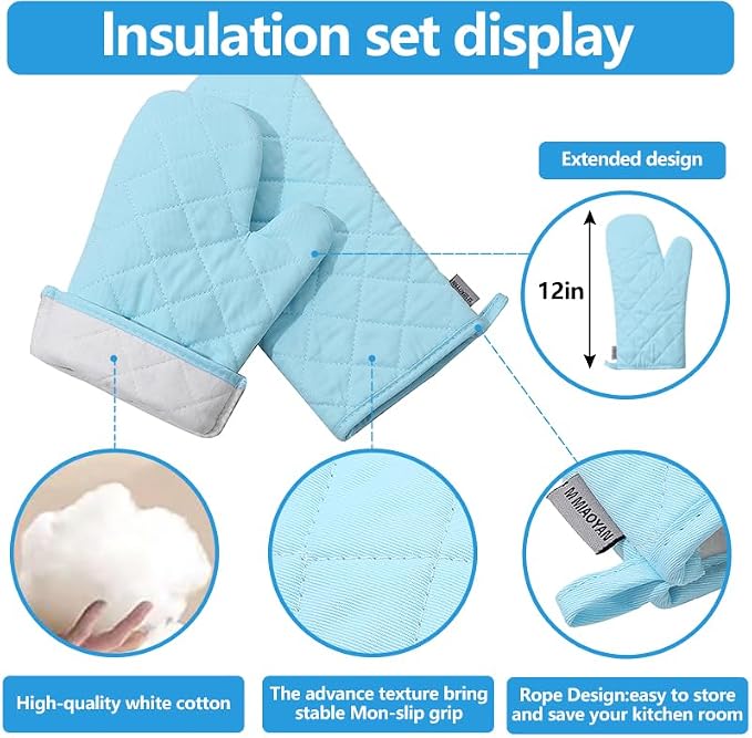 Oven Mitts and Pot Holders 4 pcs Set,High Heat Resistant 500 Degree Extra Thicken Long Kitchen Cotton Oven Glove for Cooking (12 Inch,Light Blue)