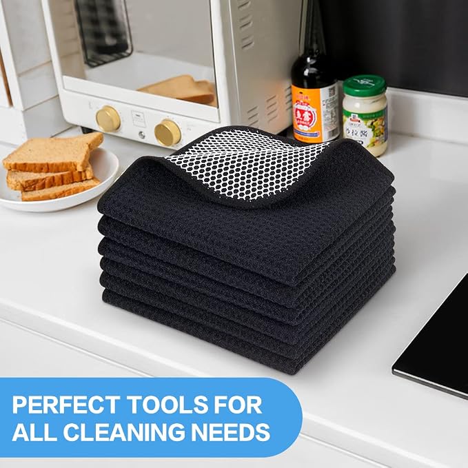 Dish Cloths for Washing Dishes with Scrub Side, Microfiber Dish Rags | Dual-sided microfiber dish cloths with scrubber for stuck-on food, quick dry kitchen washcloths 6 Pack, 12 Inch Black-B