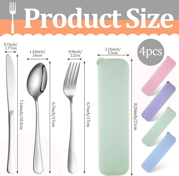 4 Pack Travel Silverware Set with Case for Lunch,Pastel | Reusable Utensils with Case, Portable Flatware, Camping Cutlery, Fork Spoon Knife, for Work School, Dishwasher Safe