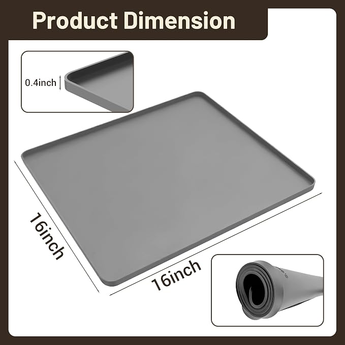 ZJWZLG Silicone Coffee Mat for Countertop, 16x16 inch - Heat Resistant Espresso Machine Mat with Raised Edge, Non-Slip Waterproof Station Pad, Compact Coffee Bar & Kitchen Accessories - Grey