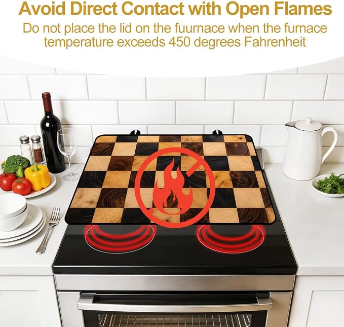 Wood Checkered Butcher Block Stove Top Cover Electric Gas Stove | Rustic butcher block wood kitchen decor; non-slip stovetop cover, faux wood noodle board, glass cooktop counter mat