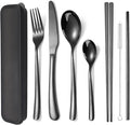 AARAINBOW 6 Pieces Stainless Steel Flatware Set Portable Reusable Cutlery Set Travel Utensils Set Including Chopsticks Knife Fork Spoon Straws Cleaning Brush Dishwasher Safe (7 Black)