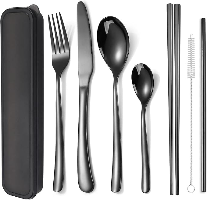 AARAINBOW 6 Pieces Stainless Steel Flatware Set Portable Reusable Cutlery Set Travel Utensils Set Including Chopsticks Knife Fork Spoon Straws Cleaning Brush Dishwasher Safe (7 Black)