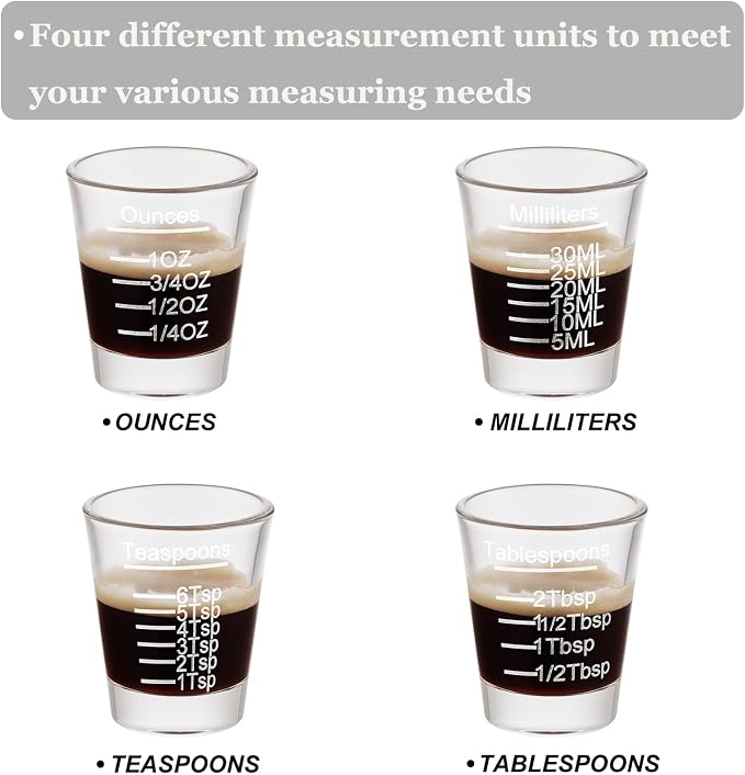 Ackers Shot Glasses Etching Scale Measuring Cup 2PACK Espresso Shot Glasses Liquid Heavy Glass 26-Incremental Measurement 1 OZ, 2 TBS, 6 TSP, 30 ML Kitchen Tools