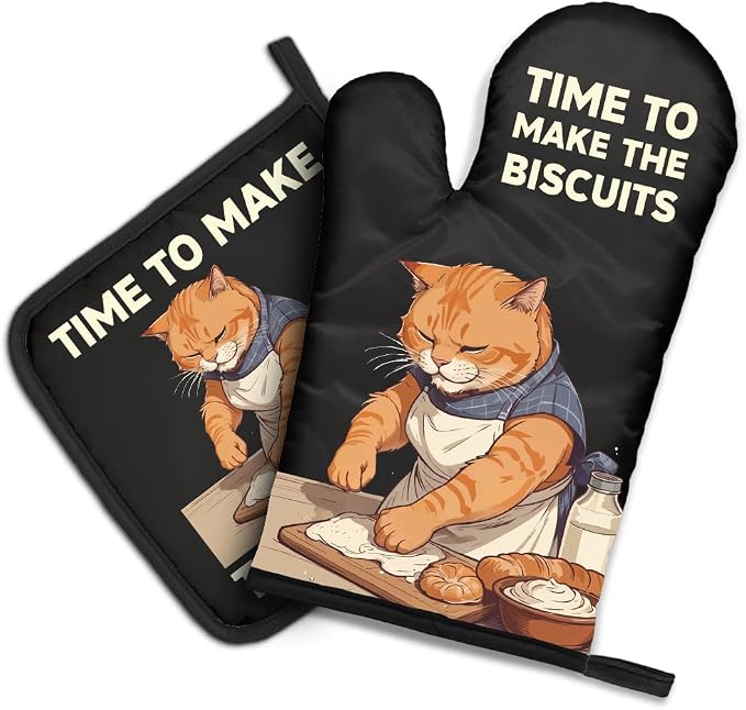 DYJYBMY Time to Make The Biscuits Funny Cat Oven Mitts and Pot Holder Set, Cute Kitchen Gadgets for Pet Lover, Housewarming Gifts for Cat Mom Dad, Bake Lover Gifts for Mom Dad Wife Husband BFF (HS)