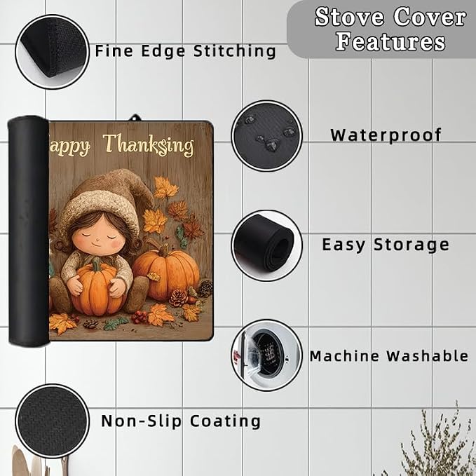 Stove Top Cover for Electric Stove - Happy Thanksgiving Day - Heat Resistant Glass Cooktop Cover,Little Girl & Gnomes Glass Cooktop Protector, Multipurpose Stove Top Protector