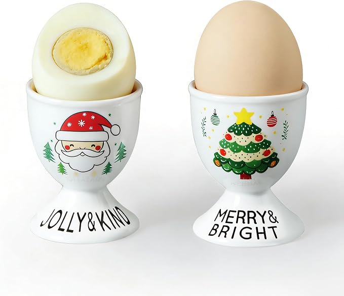 Cinf Christmas Ceramic Egg Cups, Set of 2, Boiled Egg Holders for Breakfast | Set of 2 ceramic egg cups, festive Christmas design, easy to clean, ideal for boiled eggs, breakfast and table