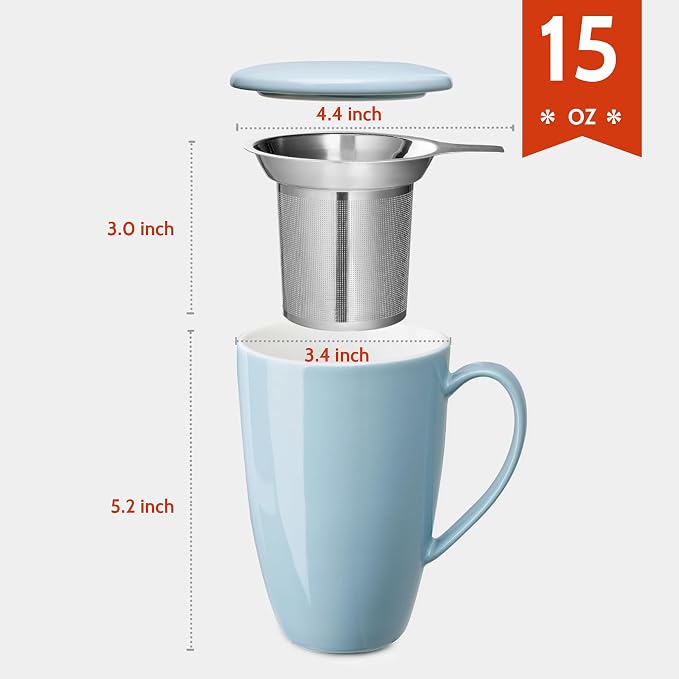 Sweese 15 OZ Porcelain Tea Mug with Infuser and Lid, Loose Leaf Tea Cup, Gifts for Tea Lover, Bluish Grey