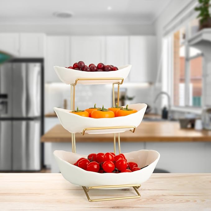 3 Tier White Gold Fruit Bowl and Tray with Metal Stand, Triple Layer Fruit Basket for Snacks, Nuts, Bread, Candy Storage