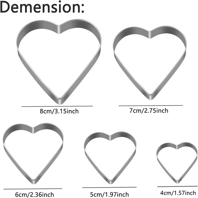Love Heart Cookie Cutter Set Pack of 5 Valentines Day Heart Biscuit Cutter for Sandwiches, Pastries, Fruit and Cakes Birthday, Wedding Baking Tools
