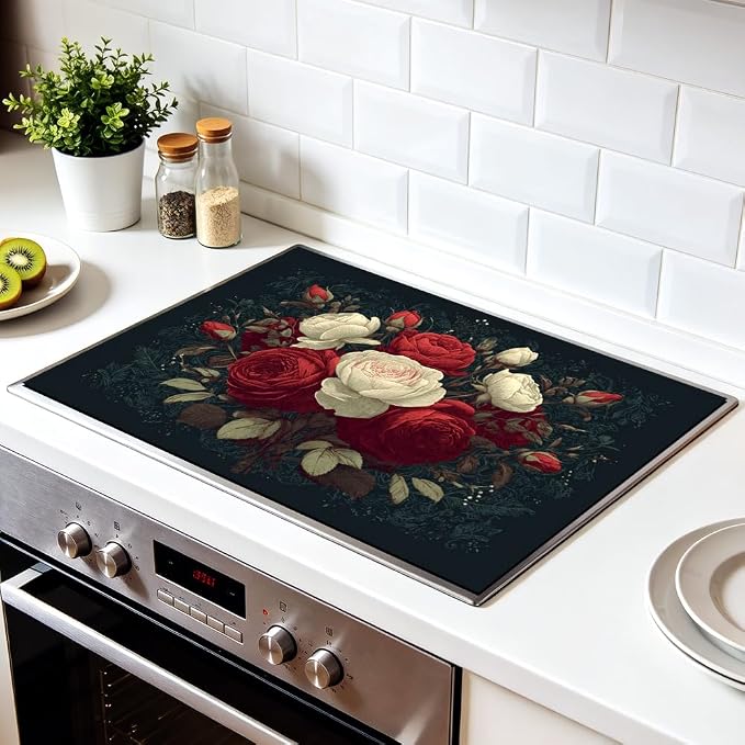 Stove Mat 20.47 x 28.35 Inch Red and Cream Roses Bouquet Vintage Floral Design Cover for Romantic Farmhouse Kitchen Decor and Stove Top Accent