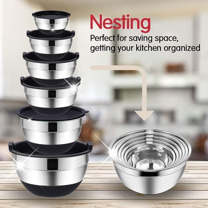 Rottay 20PCS Stainless Steel Mixing Bowls with Airtight Lids Set | Includes 3 Grater Attachments and Non-Slip Bottoms with Size 7, 4, 3, 2, 1.5, 1QT Nesting Bowls for Baking, Meal Prep