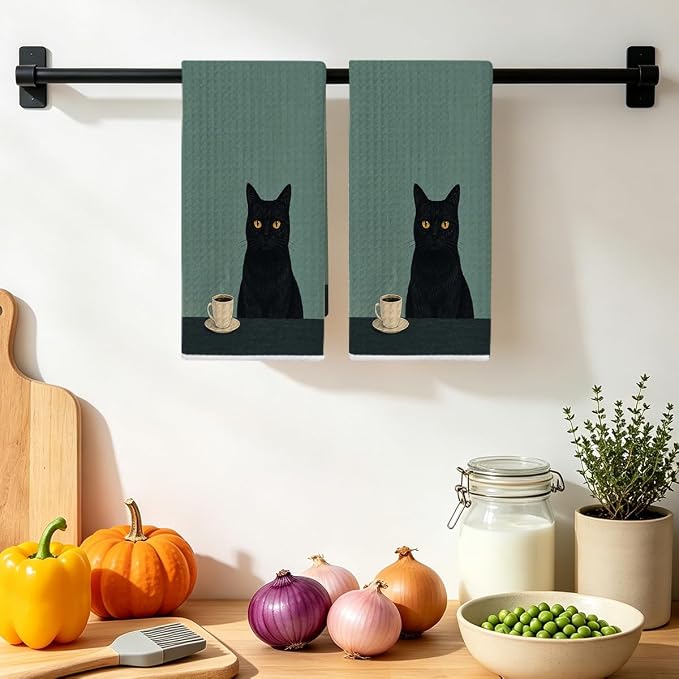 2 Pcs Vintage Coffee Cat Kitchen Towels, Cat Gift Reusable Hand Towels | Cat Dish Cloths for Dishes, Coffee Waffle Dish Towels for Kitchen Bathroom Decor, Cat Lover Gifts for Women Mom Coffee Gifts