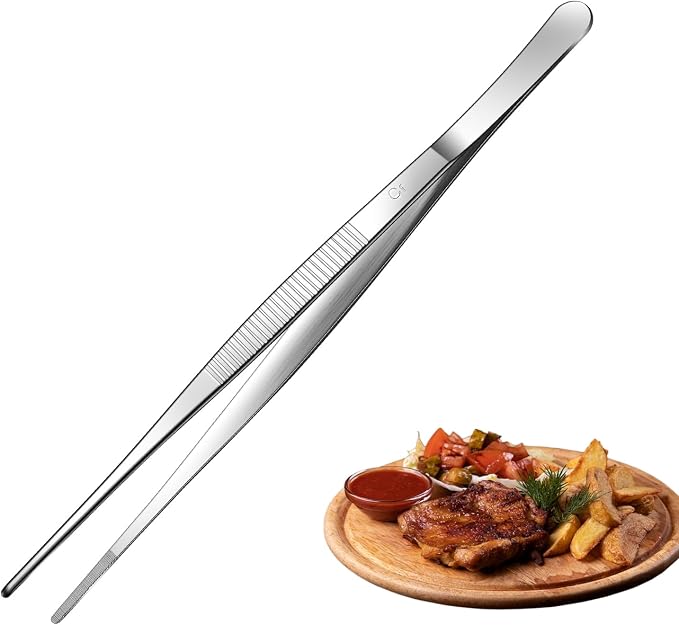 Aniso Long Tweezers, Stainless Steel, 10 inches | Precision Serrated Tip, Cooking Tweezers Tongs， For Barbecue, Hand-Made，Steaks, Bread, Pizza, Salads