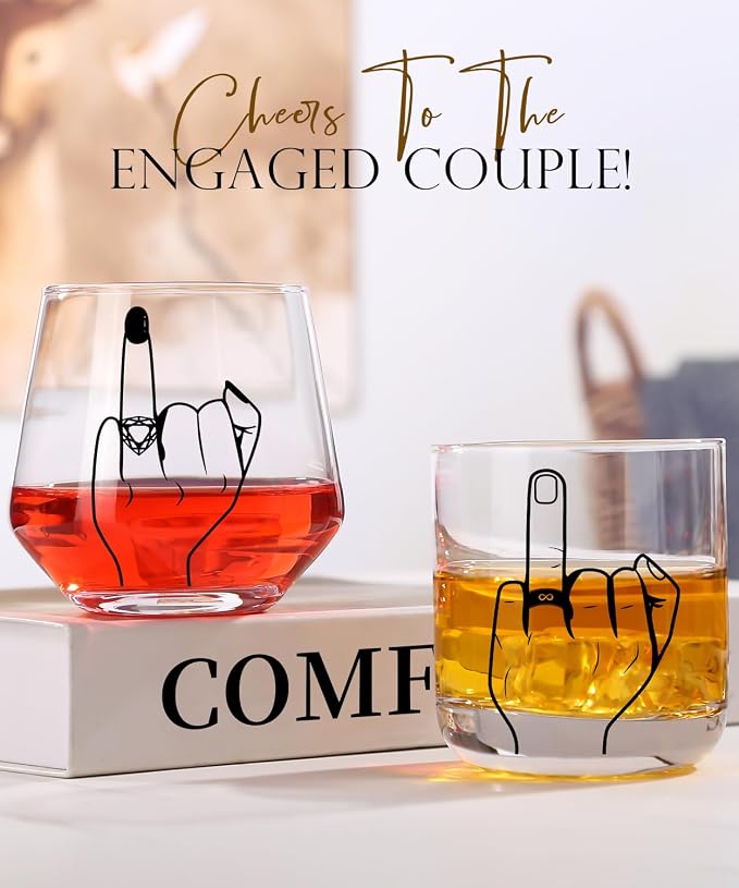 comfit Engagement Gifts for Couple, Ring Finger Wine&Whiskey Glass Set,Bride and Groom Just Married Gift, Mr and Mrs Newlyweds Bridal Shower,Valentine's Day Gift,Wedding Gifts for Couples 2026