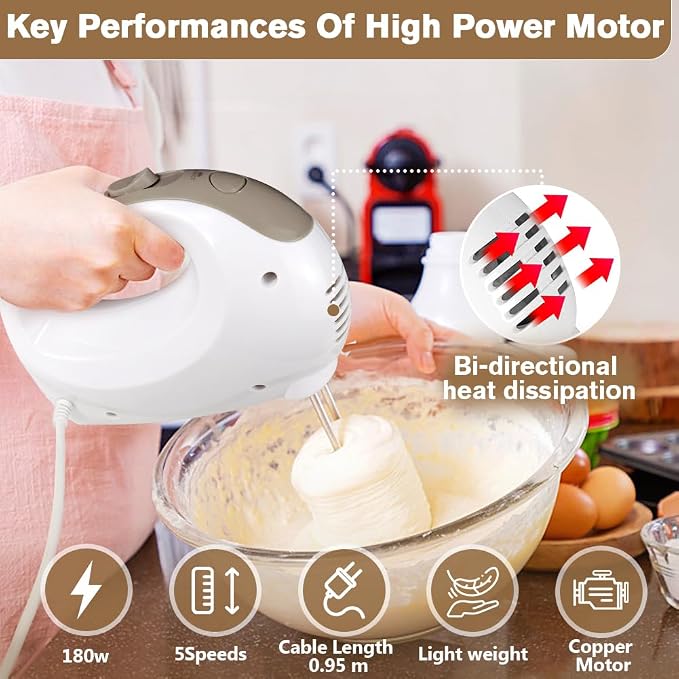 5-Speed Electric Hand Mixer with Whisk, Traditional Beaters, 120 Watts,Portable & Lightweight, Blending or Cooking White