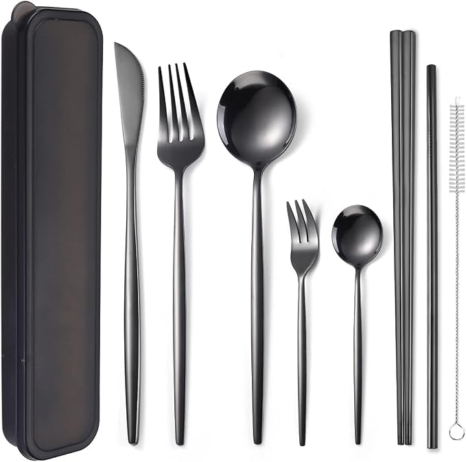 AARAINBOW 8 Pieces Stainless Steel Flatware Set Portable Reusable Cutlery Set Travel Utensils Set Including Chopsticks Knife Fork Spoon Straws Cleaning Brush Dishwasher Safe (Black)