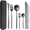 AARAINBOW 8 Pieces Stainless Steel Flatware Set Portable Reusable Cutlery Set Travel Utensils Set Including Chopsticks Knife Fork Spoon Straws Cleaning Brush Dishwasher Safe (Black)