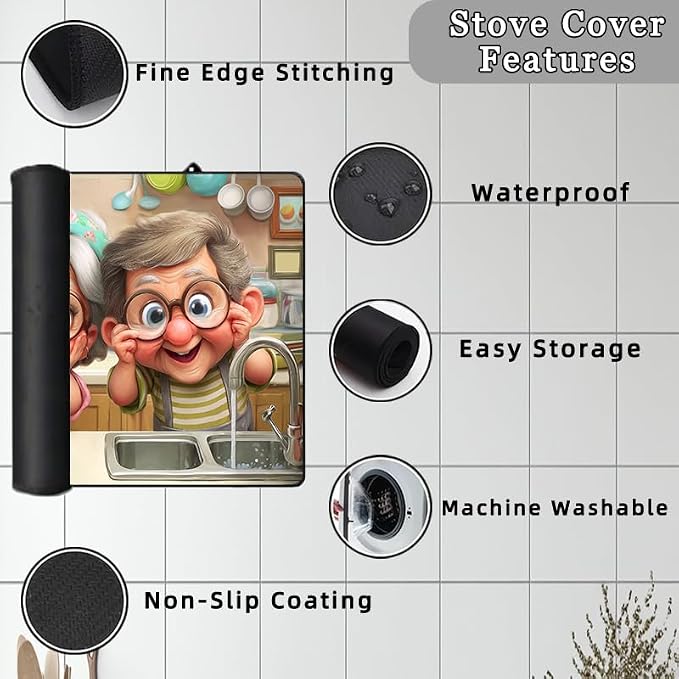 Cute Grandpa and Grandma Stove Top Cover for Electric Stove,Funny Old Couple Glass Top Stove Cover Protector,Old Lady Glass Cooktop Covers Kitchen Flat Electric Stove Top Covers