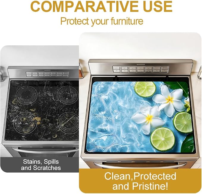 Tropical Plumeria Lime Stove Top Cover for Electric Gas Stove | Fresh tropical coastal kitchen decor; non-slip stovetop cover, glass cooktop counter mat, summer citrus lime decor