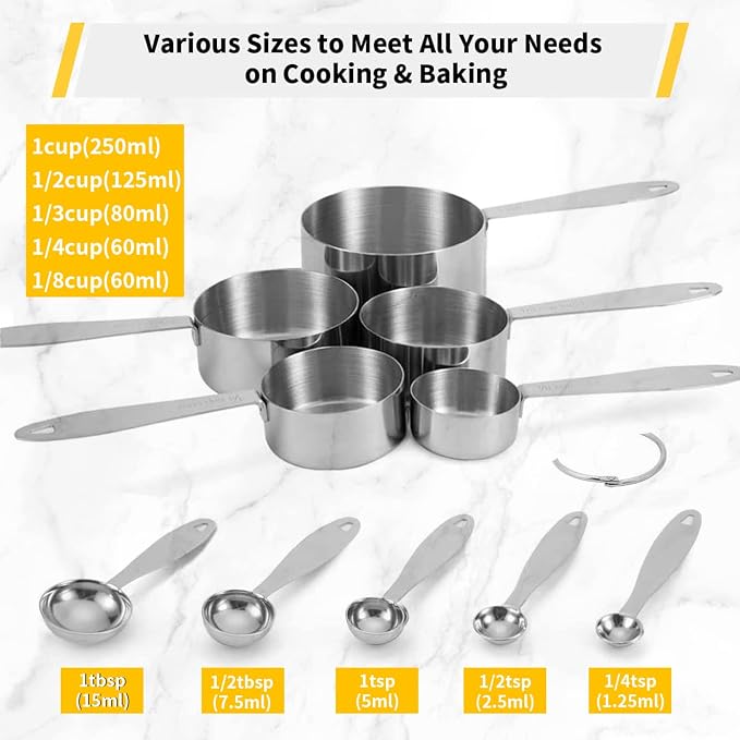 JOYHILL Measuring Cups and Spoons Set 304 Stainless Steel 10-Piece Silver | BPA-Free Silicone Handles, Etched Markings, Nestable Design, Dishwasher Safe for Dry & Liquid Ingredients