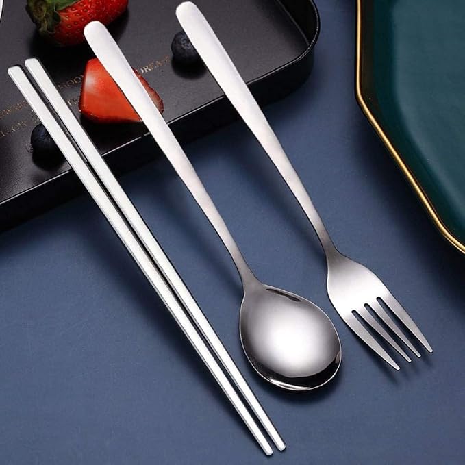 IQCWOOD Stainless Steel Chopsticks Forks and Spoons Flatware Set of 3 | 3 Pairs Metal Chopsticks Forks and Spoons, Silverware Korean Utensil Set, Korean Dinnerware, Cutlery Set for Home
