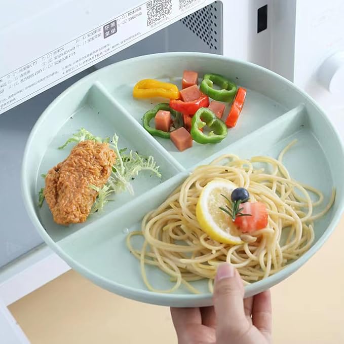 PUPOPIK 9" Unbreakable Divided Plates Set of 5, Wheat Straw Plate Reusable Dinnerware Portion Control Plates, Round Bariatric Plastic Plate for Kids Adults, BPA-free, Dishwasher Safe