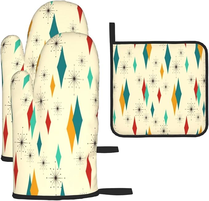 Mid Century Modern Oven Mitts and Pot Holders Set Heat Resistant Non Slip Set of 3 Retro Decor Kitchen Gloves Hot Pads for Cooking BBQ Baking Grilling
