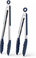 Doosu Kitchen Tongs with Silicone Tips for Cooking Serving (9+12in, Navy) | 600°F Heat Resistant Food Tong, Heavy Duty Stainless Steel Locking Tong for BBQ, Grilling Steak, Salad, Toast, Pasta