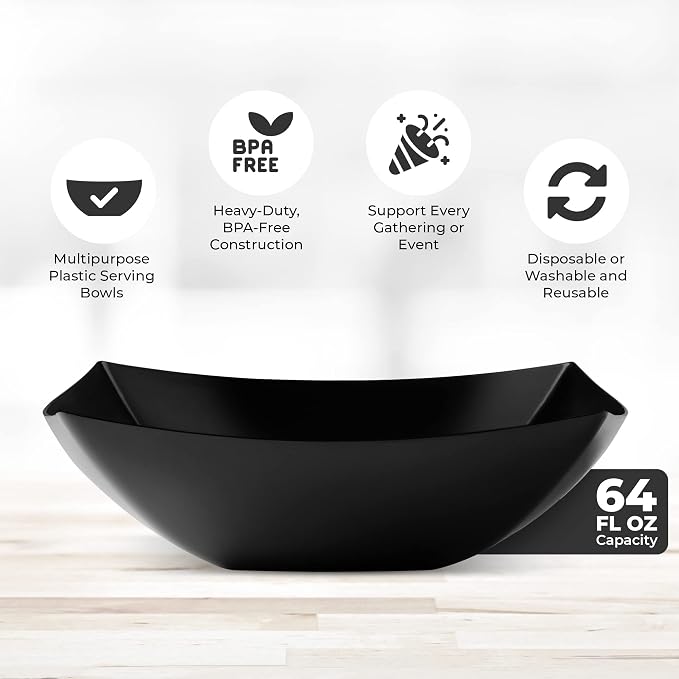 4 Pack Disposable Black Plastic Serving Bowls Square Party Candy Use 64oz | Square Design. Disposable Party Tableware. Salad, Fruit & Candy Use. Candy Buffet Containers. Black Plastic.