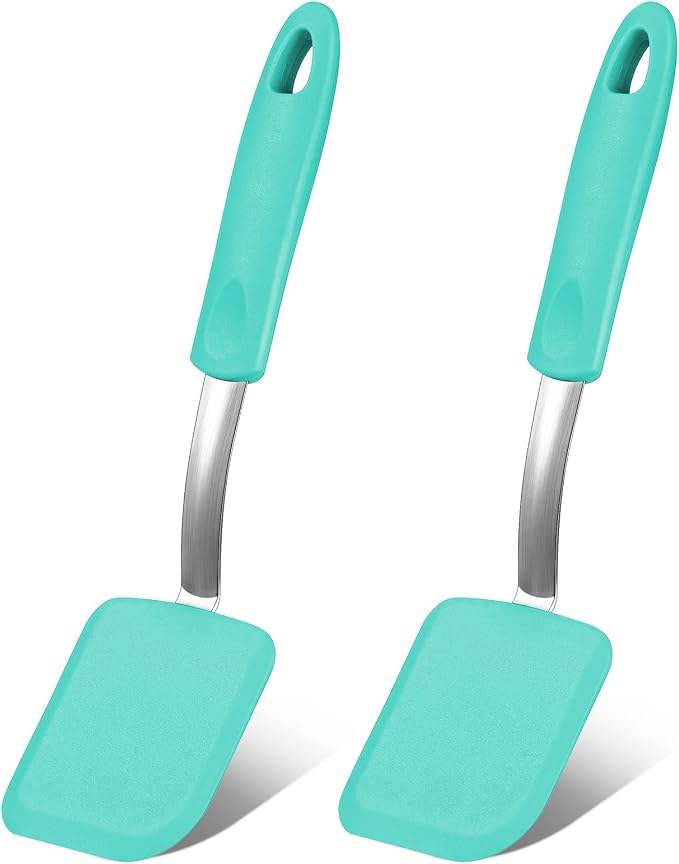Silicone Cookie Spatula Turner 2 Pack Mini Brownie Spatula Flexible Kitchen Small Silicone Turner for Nonstick Cookware Heat Resistant No Scratch Flipper for Egg(Solid Flat,Green)