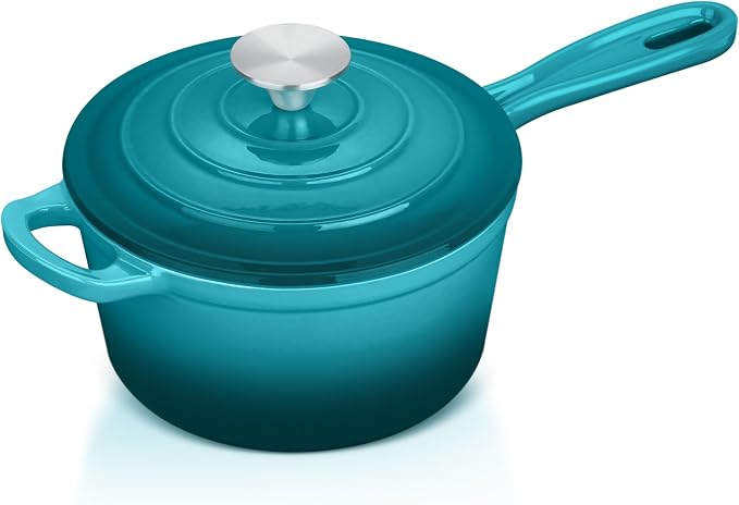 Leonyo 1 Quart Cast Iron Saucepan, Small Enamel Dutch Oven, Lake Green | For All Kitchen Cooktops Cooking Pasta, Soup, Egg, Up to 500°F & 4.4Lbs
