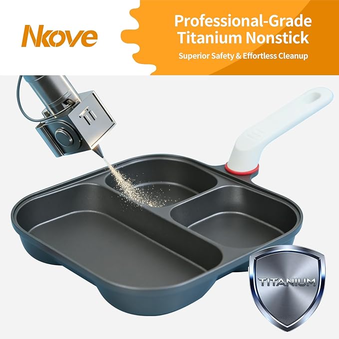 Nkove Egg Pan, 3 in 1 Breakfast Skillet with Divided Sections for Eggs | Nonstick Multi Compartment Frying Pan, Induction Compatible Cookware for Eggs, Pancakes, Bacon and Easy Breakfast Cooking