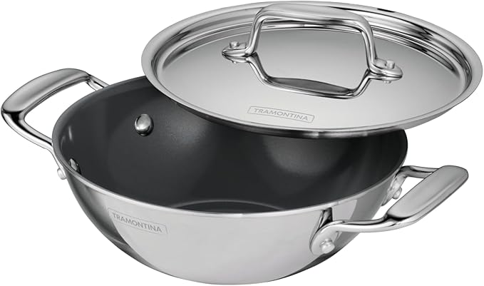 Tramontina Utsava Tri-Ply Clad Stainless Steel 1.8-Quart Kadai with Lid | Ceramic Non Stick Interior, Induction-Ready Small Kadhai Pot for Indian Cooking
