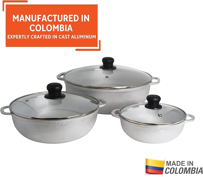 IMUSA 1.5, 3.5 & 7 Qt Cast Aluminum Caldero 3 Piece Set with Glass Lid