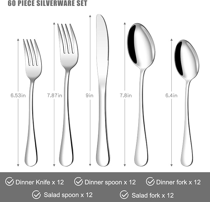 Compralo Silverware Set for 12, Stainless Steel 60 Piece Flatware Set | Mirror Polished Cutlery Set Include Knife Fork and Spoon for Home Kitchen Restaurant Party, Dishwasher Safe