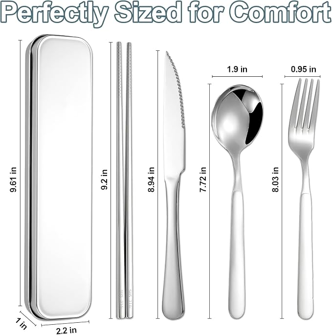 316 Stainless Steel Travel Utensils Set with Case - Food Grade Reusable Cutlery for Work, Camping, Picnic, Lunch Box - Include Fork, Knife, Spoon, Chopsticks