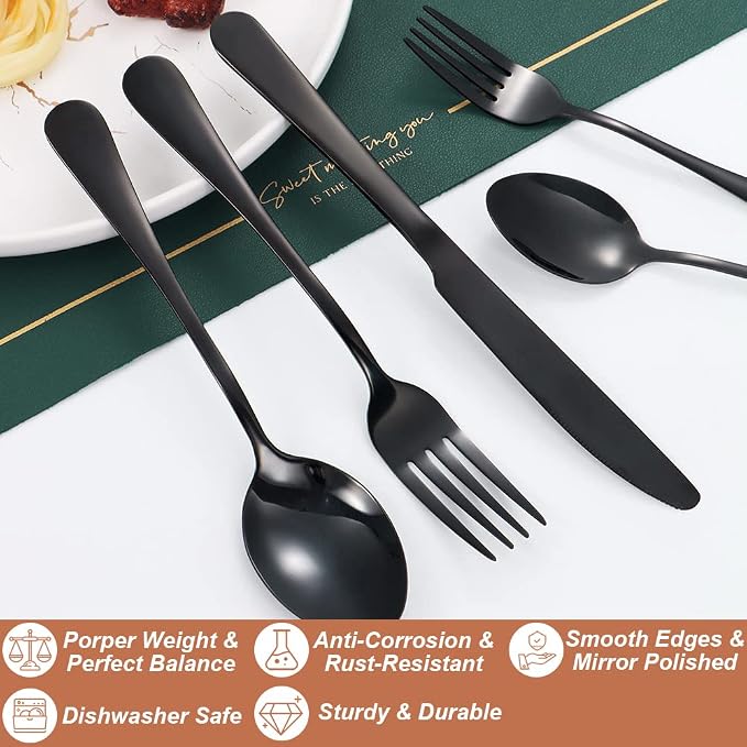 Silverware Set,50-Piece Stainless Steel Flatware Set for 10 | Food-Grade Stainless Steel Cutlery Set,Dishwasher Safe,Mirror Finished Utensil Sets for Home Restaurant,Round Edge,Black
