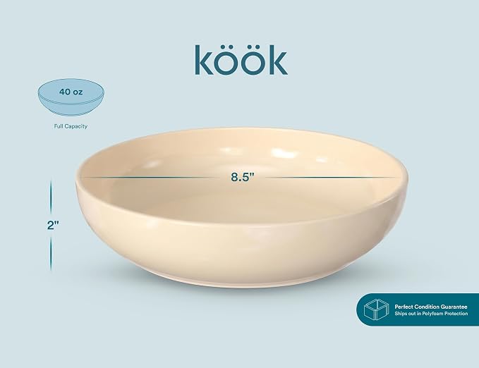KooK Porcelain Pasta Bowl Set, For Soups and Salads, Serving Bowls, Large Capacity, Microwave & Dishwasher Safe, Set of 4, 40 oz, Ivory