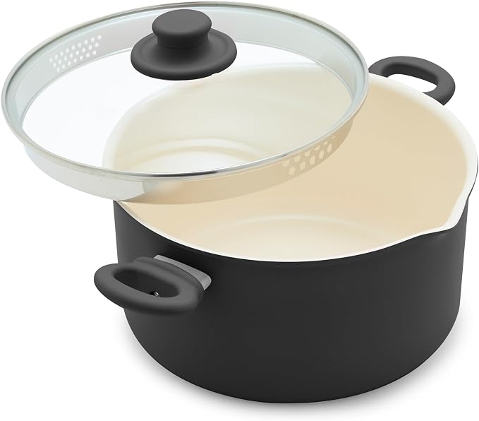 GreenLife 6QT Ceramic Nonstick Stockpot with Glass Straining Lid, Black | PFAS-Free Ceramic Nonstick Coating, Large Cooking Pot, Soup Pan, Stay-Cool Handles, Dishwasher & Oven Safe up to 350F