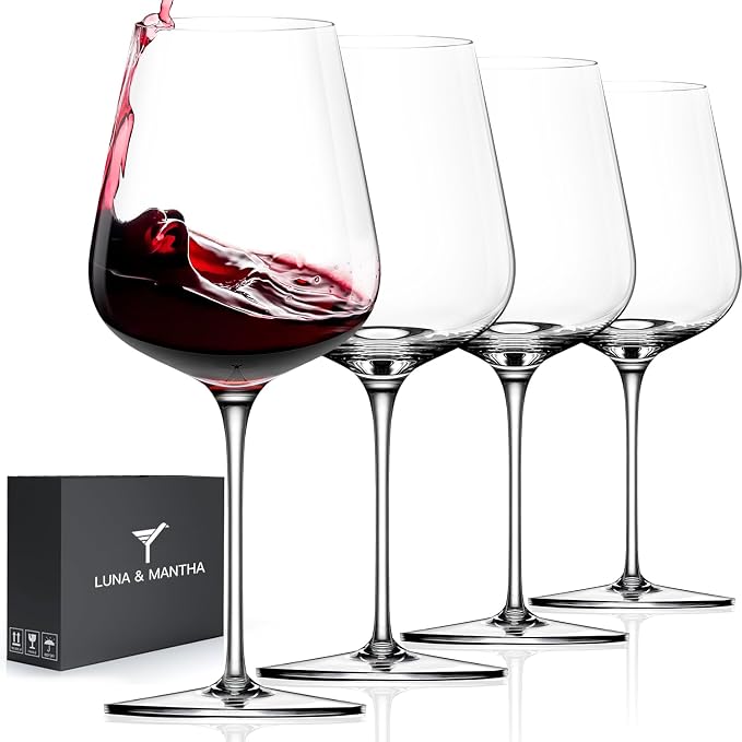 Red Wine Glasses Set of 4, 17oz Crystal Hand Blown, Long Stem, Gift | White Wine Glass, Stemmed, Modern, Father's Day, Wedding, Anniversary, Birthday, Daily